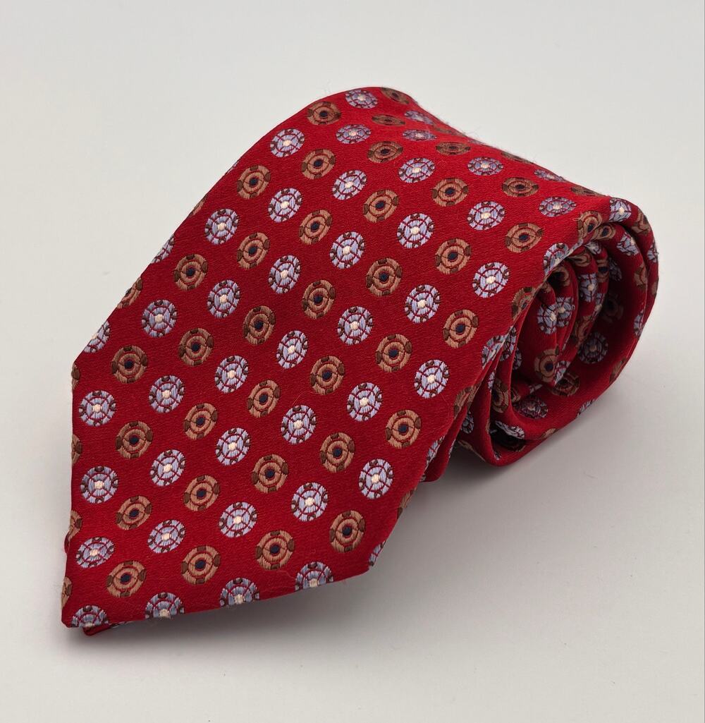 IKE Behar Mens Silk Tie Red Medallion Geometric Necktie Hand Tailored Made USA
